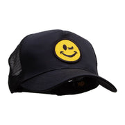 Winking Smiley Face Patched Solid Cotton Twill 5 panel Mesh Back Cap