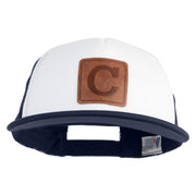 Large C Outline Faux Leather Patched Flat Bill Trucker Cap - White Navy OSFM
