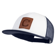 Large C Outline Faux Leather Patched Flat Bill Trucker Cap - White Navy OSFM