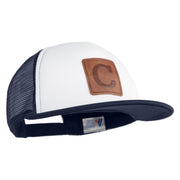 Large C Outline Faux Leather Patched Flat Bill Trucker Cap - White Navy OSFM