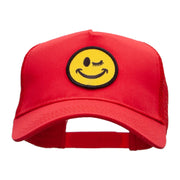 Winking Smiley Face Patched Solid Cotton Twill 5 panel Mesh Back Cap