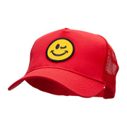 Winking Smiley Face Patched Solid Cotton Twill 5 panel Mesh Back Cap