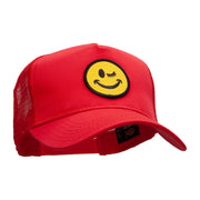 Winking Smiley Face Patched Solid Cotton Twill 5 panel Mesh Back Cap