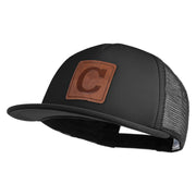 Large C Outline Faux Leather Patched Flat Bill Trucker Cap - Black OSFM