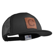 Large C Outline Faux Leather Patched Flat Bill Trucker Cap - Black OSFM