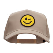 Winking Smiley Face Patched Solid Cotton Twill 5 panel Mesh Back Cap