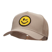 Winking Smiley Face Patched Solid Cotton Twill 5 panel Mesh Back Cap