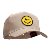 Winking Smiley Face Patched Solid Cotton Twill 5 panel Mesh Back Cap