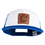 Large C Outline Faux Leather Patched Flat Bill Trucker Cap - White Royal OSFM