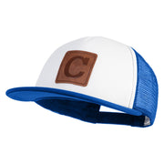 Large C Outline Faux Leather Patched Flat Bill Trucker Cap - White Royal OSFM