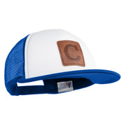 Large C Outline Faux Leather Patched Flat Bill Trucker Cap - White Royal OSFM