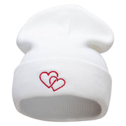 Double Heart Embroidered 12 Inch Long Knitted Beanie - White OSFM