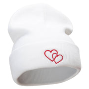 Double Heart Embroidered 12 Inch Long Knitted Beanie - White OSFM