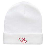 Double Heart Embroidered 12 Inch Long Knitted Beanie - White OSFM