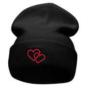 Double Heart Embroidered 12 Inch Long Knitted Beanie - Black OSFM