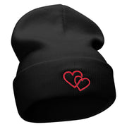 Double Heart Embroidered 12 Inch Long Knitted Beanie - Black OSFM