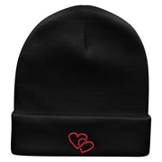 Double Heart Embroidered 12 Inch Long Knitted Beanie - Black OSFM