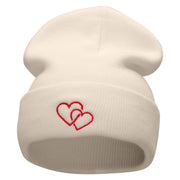 Double Heart Embroidered 12 Inch Long Knitted Beanie - Birch OSFM