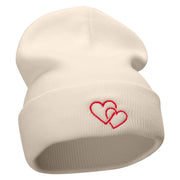 Double Heart Embroidered 12 Inch Long Knitted Beanie - Birch OSFM