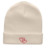 Double Heart Embroidered 12 Inch Long Knitted Beanie - Birch OSFM