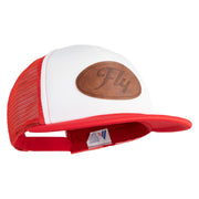 Fly Faux Leather Patched Flat Bill Trucker Snapback Cap - White Red OSFM
