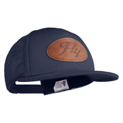 Fly Faux Leather Patched Flat Bill Trucker Snapback Cap - Navy OSFM