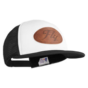 Fly Faux Leather Patched Flat Bill Trucker Snapback Cap - White Black OSFM