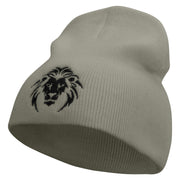 Lion Embroidered 8 inch Acrylic Short Beanie - Grey OSFM