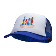 Surfboard in Sands Patched Two Tone Polyester 5 Panel Foam Front Mesh Back Cap