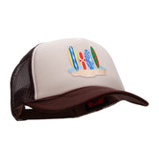 Surfboard in Sands Patched Two Tone Polyester 5 Panel Foam Front Mesh Back Cap