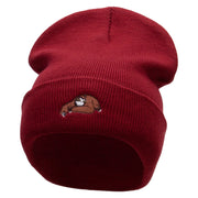 Sloth Embroidered 12 Inch Long Knitted Beanie - Maroon OSFM