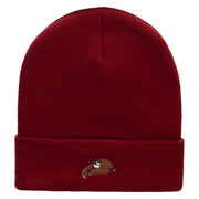 Sloth Embroidered 12 Inch Long Knitted Beanie - Maroon OSFM