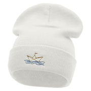 Paper Boat Embroidered 12 Inch Long Knitted Beanie - White OSFM