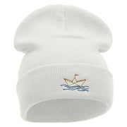 Paper Boat Embroidered 12 Inch Long Knitted Beanie - White OSFM