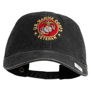 US Marine Corps Veteran Emblem Embroidered Washed Solid Pigment Dyed Cotton Twill Brass Buckle Cap - Black OSFM