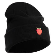 Small Red Apple with Stem iron on Embroidered Patched 12 Inch Long Knitted Beanie - Black OSFM