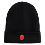 Small Red Apple with Stem iron on Embroidered Patched 12 Inch Long Knitted Beanie - Black OSFM