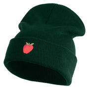 Small Red Apple with Stem iron on Embroidered Patched 12 Inch Long Knitted Beanie - Dark Green OSFM