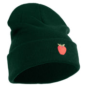 Small Red Apple with Stem iron on Embroidered Patched 12 Inch Long Knitted Beanie - Dark Green OSFM