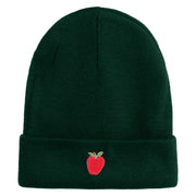 Small Red Apple with Stem iron on Embroidered Patched 12 Inch Long Knitted Beanie - Dark Green OSFM