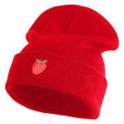 Small Red Apple with Stem iron on Embroidered Patched 12 Inch Long Knitted Beanie - Red OSFM