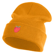 Small Red Apple with Stem iron on Embroidered Patched 12 Inch Long Knitted Beanie - Camel OSFM
