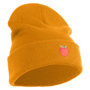 Small Red Apple with Stem iron on Embroidered Patched 12 Inch Long Knitted Beanie - Camel OSFM
