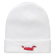 Dragon Boat Embroidered 12 Inch Long Knitted Beanie - White OSFM