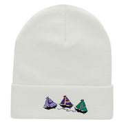 3 Ships Embroidered 12 Inch Long Knitted Beanie - White OSFM