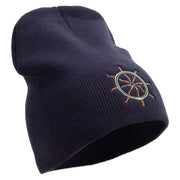 Made in USA Navy Rudder Embroidered 8 Inch Solid Knit Short Beanie - Navy OSFM