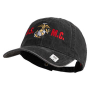 USMC Design Embroidered Washed Solid Pigment Dyed Cotton Twill Brass Buckle Cap - Black OSFM