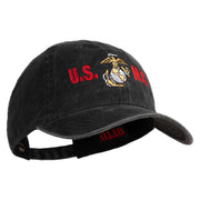 USMC Design Embroidered Washed Solid Pigment Dyed Cotton Twill Brass Buckle Cap - Black OSFM