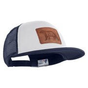 Papa Bear Faux Leather Patched Flat Bill Trucker Cap - White Navy OSFM