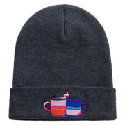 Hand Drawn Christmas Coffee Mug Embroidered 12 Inch Long Knitted Beanie - Heather-Charcoal OSFM